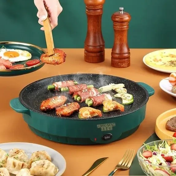 Hombey Yeşil 22cm Elektrikli Izgara - Hızlı Isınma, İki Temperatur Kontrolü, Yağ Tasarrufu, Anti Kayma Tabanlı, Ev Ofis Partide Kullanım Yeşil