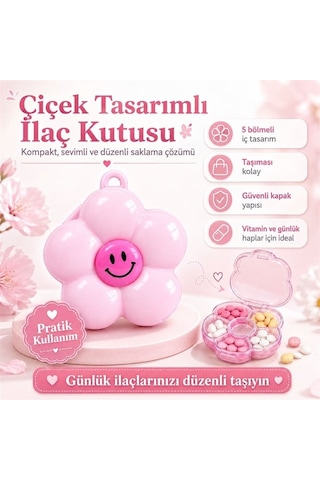 Sn-38886 Hap İlaç Saklama Kutusu 5 Bölmeli Çiçek Tasarımlı Taşınabilir Anahtarlıklı Organizatör Renkli
