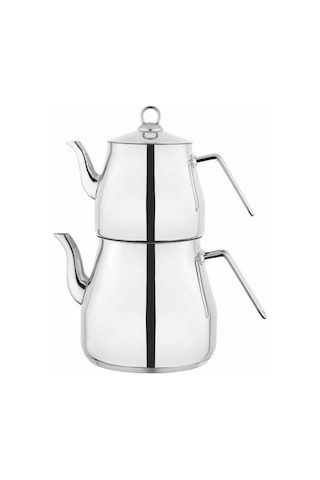 Lines Piramit Paslanmaz Çelik Çaydanlık Takımı Sülale Boy Xxl Metal Kulp 3070 Gümüş Kulp