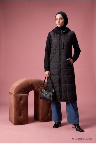 Armine Trend Tam Boy Fermuarlı Kapüşonlu Yandan Cepli Astarlı 120 Cm Boy Kaban-mont Siyah 26kt521