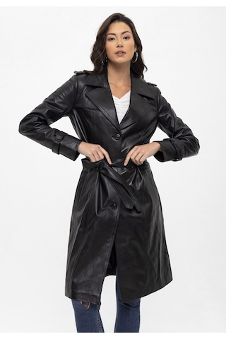 Siyah Cassie Yırtmaçlı Astarlı Kemerli Trençkot Kadın Hakiki Deri Kaban-siyah Siyah