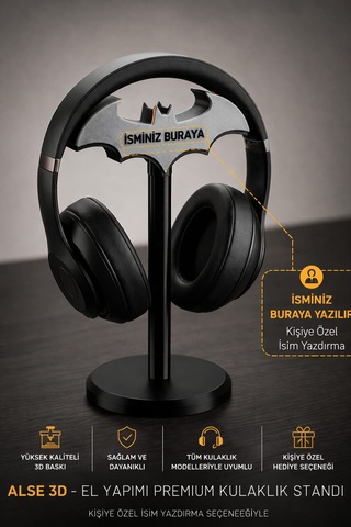 Batman Logolu Kişiye Özel İsimli Oyuncu Kulaklık Standı - Premium Kulaklık Tutucu Askı
