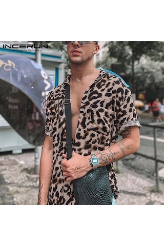 Incerun Casual Leopar Baskılı Erkek Gömlek Yaka Yaz Kısa Kollu Hawaii Gömlek Moda Baskı Üstleri Haki