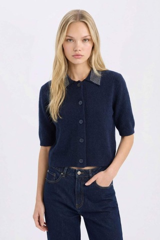 DeFacto Regular Fit Polo Yaka Basic Düz Düğmeli Triko Hırka E2288AX24WNNV134 Lacivert