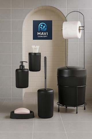 6 Parça Banyo Seti Çöp Kovalı Tuvalet Kağıtlığı-tuvalet Fırçası-sıvı Ve Katı Sabunluk-diş Fırçalık Siyah