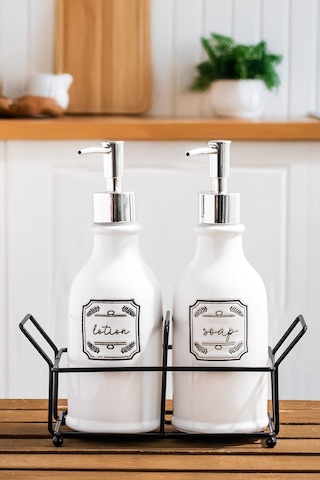 Porsima 3115 Gümüş Kapaklı Porselen 2li Sıvı Sabunluk Beyaz 700 Ml Beyaz