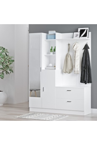 Yurudesign Wisdom Vestiyer Ayakkabılık Portmanto Aynalı Raf Beyaz