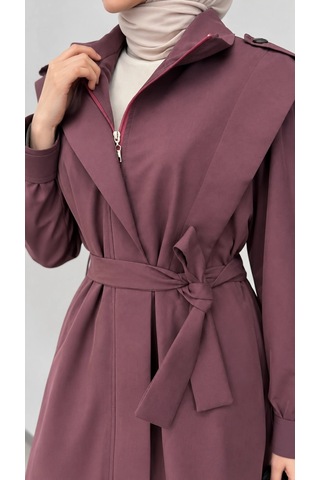 Nevayla Moda Kuşaklı Fermuarlı Mevsimlik Trençkot - Mürdüm / M0116