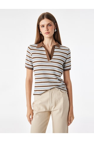 Koton Regular Fit Polo Yaka Kısa Kollu Çizgili Tişört Beyaz Çizgili 7wak50017uk