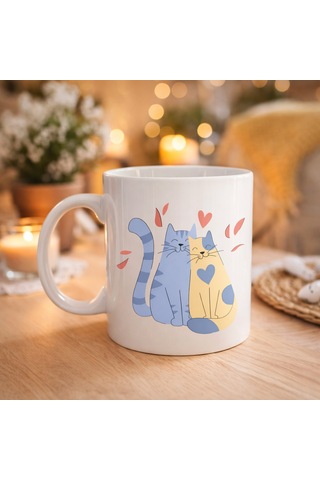 Sevimli Aşık Kediler Desenli Porselen Kupa Model 42 Love Cats Tasarım Sevgiliye Hediye, Kahve & Çay Kupası Düz Renkli