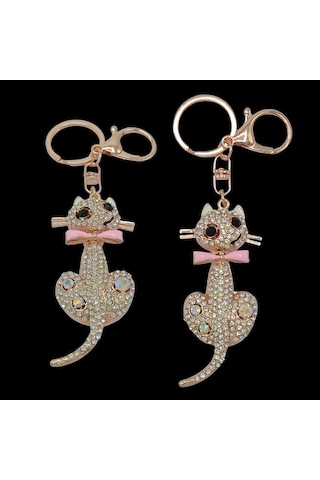 Kristal Taşlı Pembe Papyon Kedi Anahtarlık No.1 Gümüş