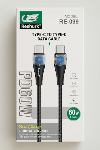 Ferro Reshurk Re-099 Type-c & Type-c Silikon Uclu Ledli 1000cm 60w Hızlı Data - Şarj Hasır Kablo