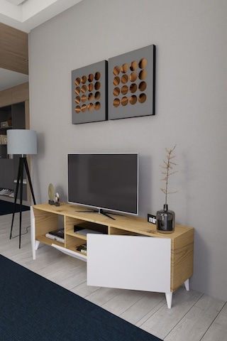 Bravix Modern Tv Ünitesi 3 Bölmeli Tv Sehpası Gövde Çam Kapaklı Beyaz - Antrasit