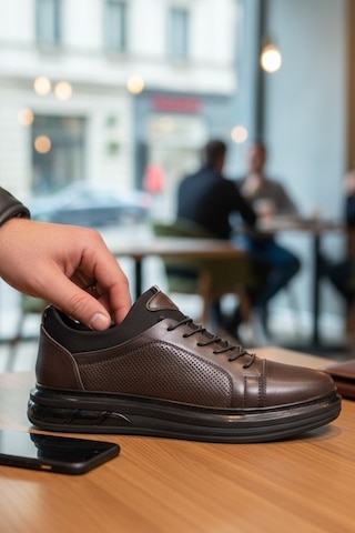 Enoch Hakiki Deri Lazer Kesim Lastikli Günlük Erkek Sneaker Comfort Taban Kahverengi