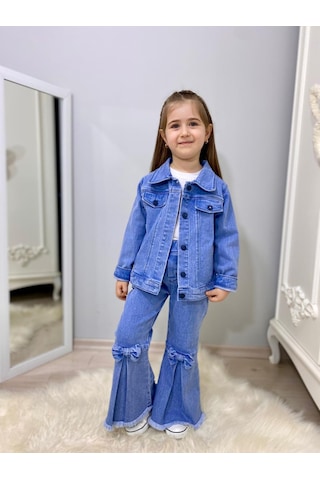 Modavals Fiyonk Detaylı İspanyol Paça Kot Pantolon & Kot Ceket & Badi Kız Çocuk Kombin Çok Renkli