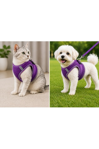 Nefes Alan Kumaş Air Mesh Kedi Köpek Göğüs Tasması Xx Small 28x32 Cm Mor