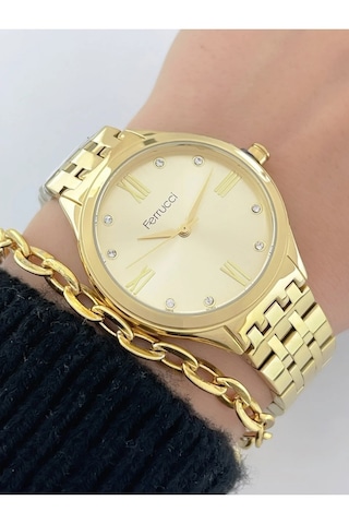 Ferrucci Gold Renk Çelik Şık Kadın Kol Saati+bileklik Hediye Gold