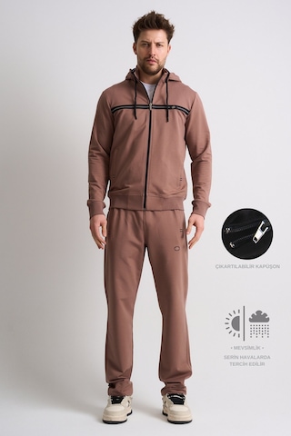 Shooter Sportswear Klasik Antrasit Erkek Eşofman Takımı Çıkartılabilir Kapüşonlu Rahat Kalıp Vizon