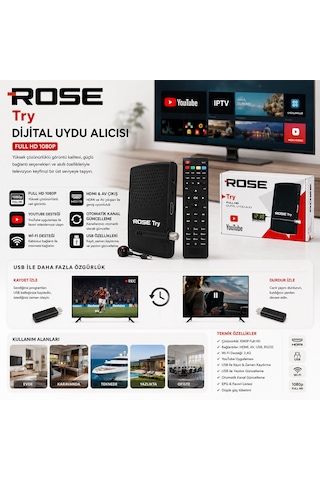 Rose Try Dijital Uydu Alıcısı Rs232 1080p Hdmı Wifi Full Hd Youtube Otomatik Kanal Güncelleme Av