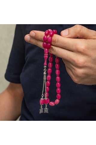 Gümüş Püsküllü Pembe Sıkma Kehribar Tesbih Sl12596 Gümüş