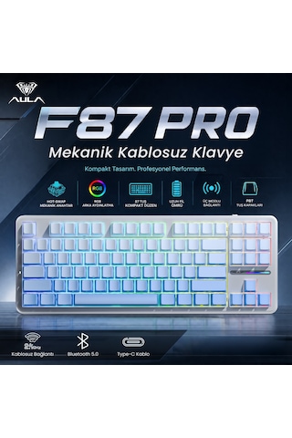 Aula F87 Pro Mekanik Rgb Tkl Graywood V4 Switch Kablosuz Makrolu Hot Swap Klavye Gradyan Mavi