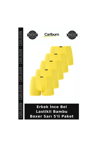 Carlburn Premium Erkek İnce Bel Lastikli Bambu Boxer Sarı 5'li Paket Günlük Pürüzsüz Yumuşak