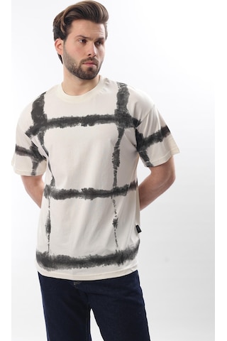 Madmext Ekru Bisiklet Yaka Baskılı Basic Erkek T-shirt E7109 Ekru