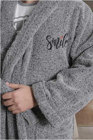 Uzun Kapüşonlu Welsoft Sabahlık Aile Seti-Gri