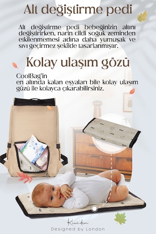 Kiwi Coolbag Anne Bebek Çantası - Bebek Bakım Çantası - Termal Gözlü Su Geçirmez Alt Açma Pedli - Gri Grii