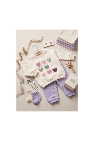 Deniva Kids Kız Bebek Ekru Lila Kalp Baskılı İki İplik Pamuklu Sweatshirt Eşofman Altı 2'li Takım Mor