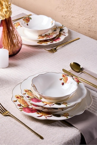Porselen Rose Garden Bone 24 Parça 6 Kişilik Yemek Takımı Desenlı Desenli