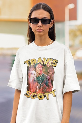 Travis Scott Rapper Baskılı Unisex Oversize Tişört Beyaz