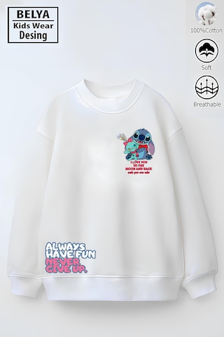 Tam Kalıp Oversize Kız Çocuk Pamuğa Pamuk 3 İplik Kumaş Stıt2 Tasarım Sweatshirt Beyaz