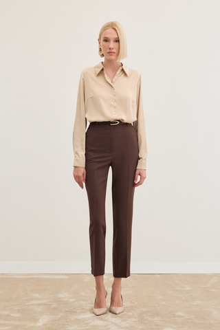 Sateen Kemerli Pantolon - Kahve-136467 Kahve