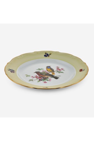 Yeşil Kuşlu Ekru Porselen Pasta Tabağı 19 Cm