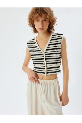 Koton Crop Triko Hırka Kolsuz V Yaka Renk Bloklu İnci Düğmeli Cep Detaylı Slim Fit Siyah Çizgili 5wal90030ık Siyah