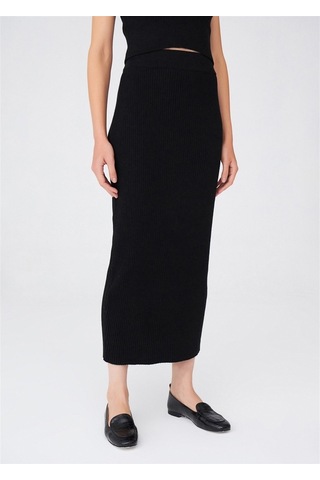 Peraluna Örgülü Kaşmir Karışımlı Kalem Kadın Triko Etek Siyah