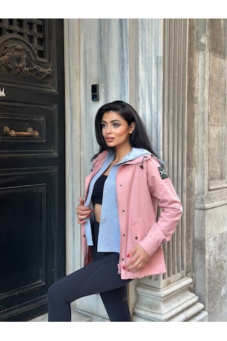 Kadın Ek Parça Kapüşon Kol Arma Detay Gabardin Ceket Pembe