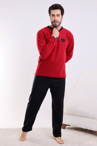 Falkon 7202 Polar Kışlık Erkek Ev Pijama Takımı Uyku Takımı Bordo