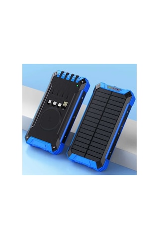 10000mah Powerbank Solar Güneş Enerjili Wireless Kablosuz Şarj Özellikli Taşınabilir Şarj Led Işıklı Mavi