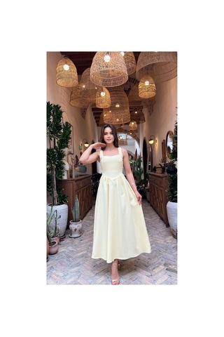 Moda Banuş Sarı Taş Baskılı A Kesim Bağcıklı Elbise-dar Kalıp