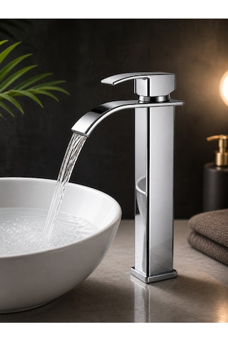 Krom Şelale Lavabo Bataryası Uzun Çanak Lavabo Musluğu Modern Çift Su Girişli Banyo Musluğu