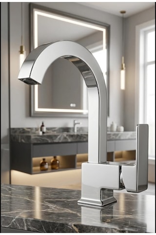 Kare Krom Lavabo Bataryası Tek Kollu Aç Kapa Musluk Modern Lüks Tasarım Profil Paslanmaz