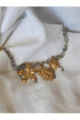 Çiçek Kalp Güneş Çocuk Charmlı Halat Zincir Model Bileklik Gold