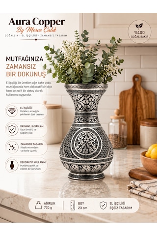 Aura Copper Dekoratif Bakır Vazo 23 Cm Ağır El İşlemeli El Yapımı Obje Çiçeklik Vz-00002