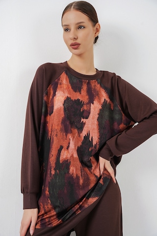 Bigdart Kadın Desenli Oversize Tunik Pantolon İkili Takım 55462 - Kahverengi
