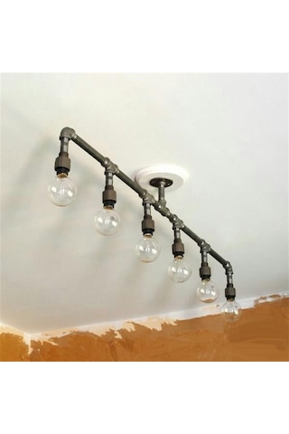 Endüstriyel Tasarım Vintage Tavan Avize Borulardan Lamba 6'li Siyah