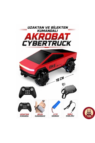 Oyuncak Uzaktan Kumandalı Şarjlı Akrobat Cybertruck Araba 4x4 Drift Araç Bilekten Kumandalı Led Işıklı 2.4 Ghz 6 Farklı Led Işık Modu 18 Cm