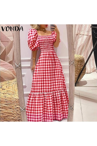 Vonda Yaz Kadın Ekose Kapalı Omuz Pilili Parti Uzun Elbise Zarif Ekose Tunik Ruffled Hem Gevşek Artı Boyutu Siyah