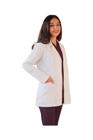 Vayteks Gömlek Yaka Ceket Boy Beyaz Kadın Doktor Öğretmen Laboratuvar Önlüğü Beyaz